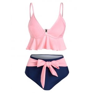 

Spaghetti Strap Knotted Flounce Tankini Set, Pink