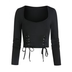 

Long Sleeve Lace-up Front Cropped T-shirt, Black