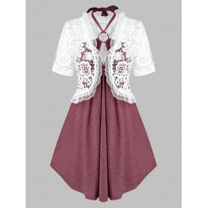 

Plus Size Lace Top and Cutout Empire Waist Tank Top Set, Red wine