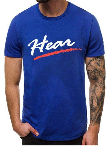 Impresa letra casual de cuello redondo de la camiseta - BLUE - XS