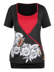 Plus Size Colorblock Sunflower Butterfly Print T Shirt -  