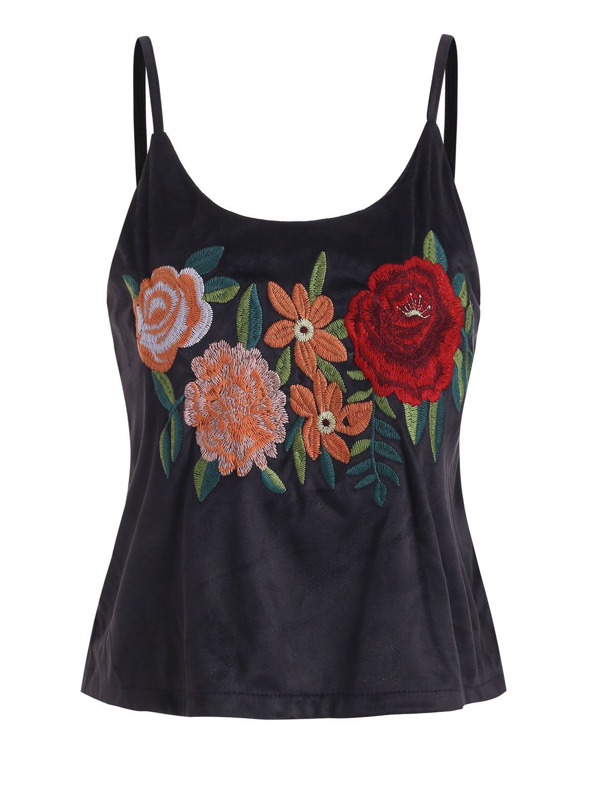 

Floral Embroidered Faux Suede Spaghetti Strap Top, Black