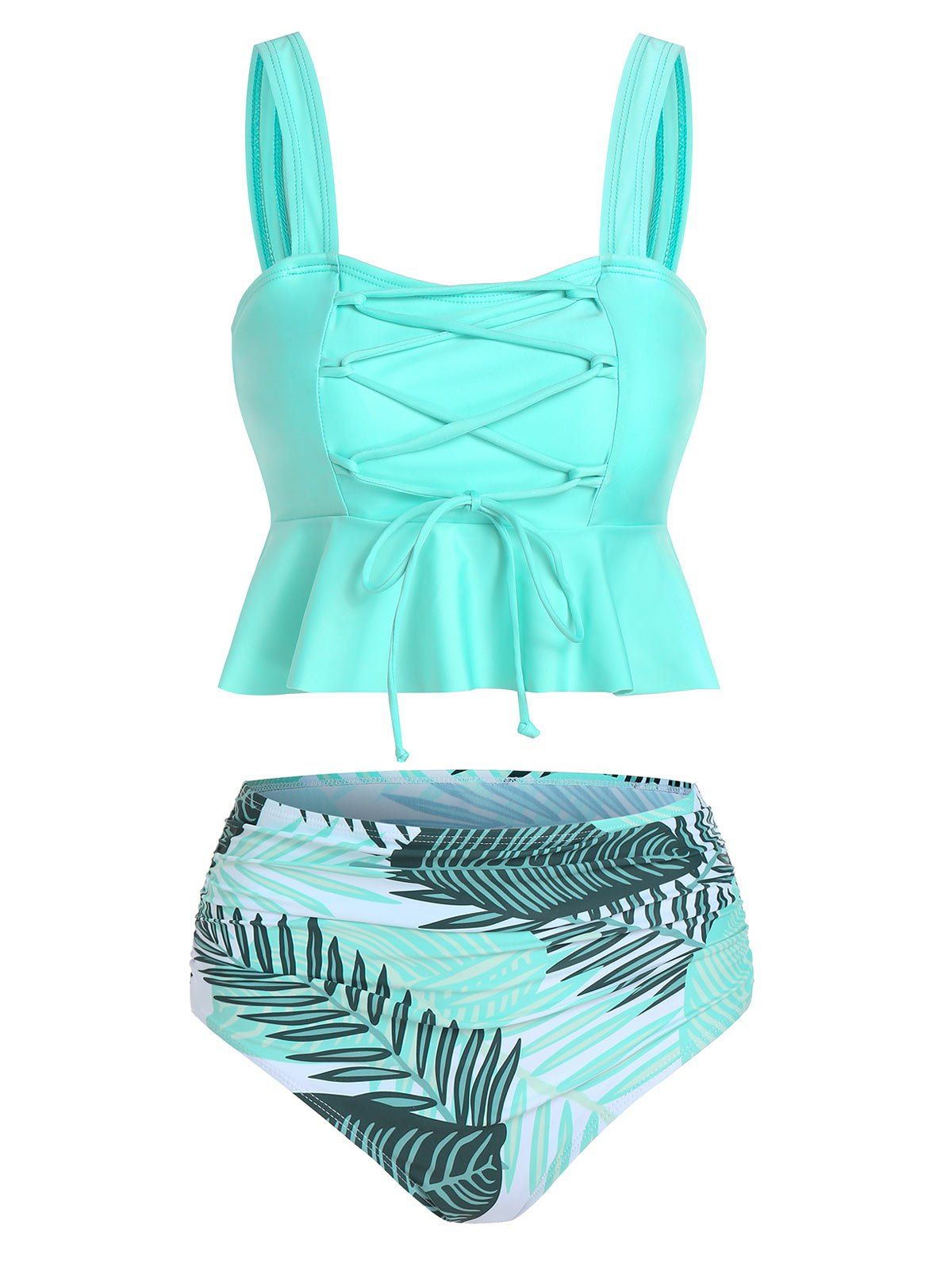 

Palm Leaves Print Lace-up Tankini Set, Aquamarine