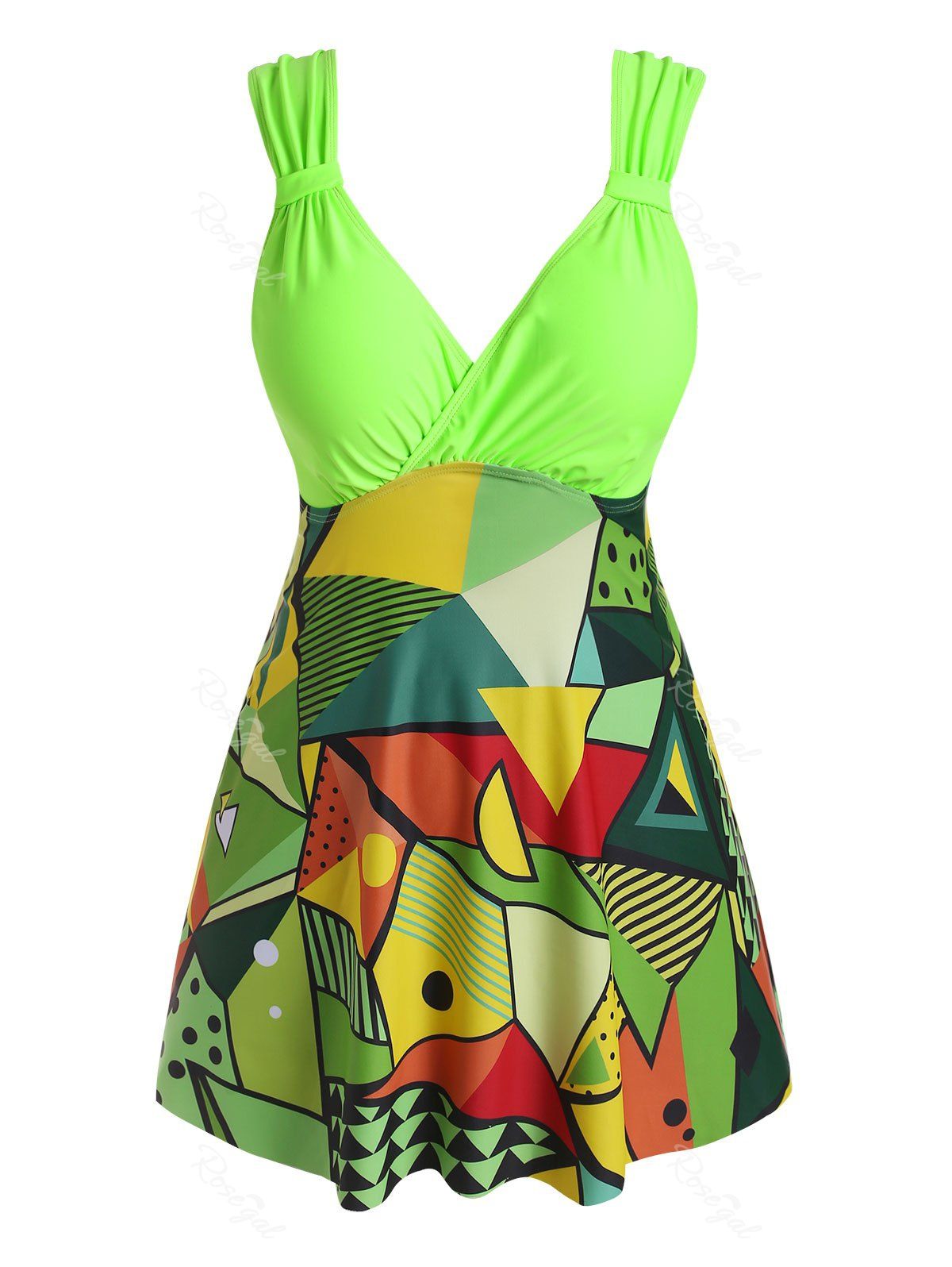 

Plus Size Surplice-front Geo Print Skirted Tankini Swimsuit, Green