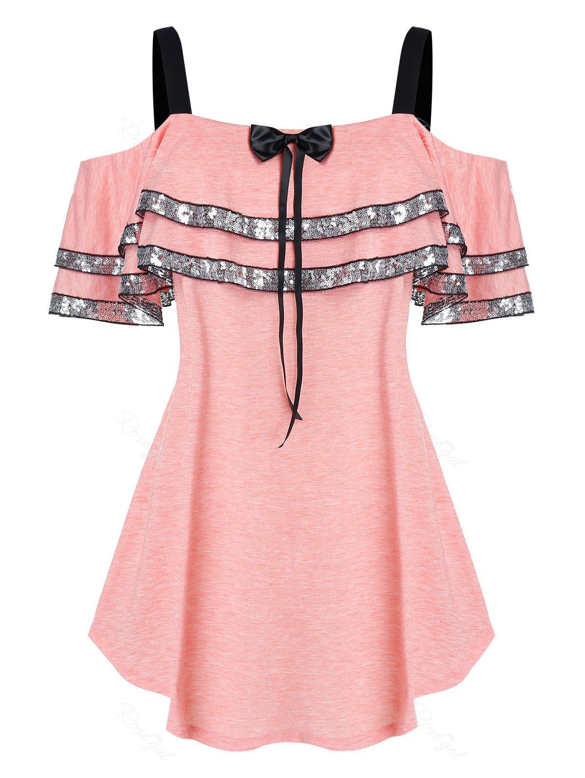 

Plus Size Sequin Ruffled Cold Shoulder T Shirt, Light pink