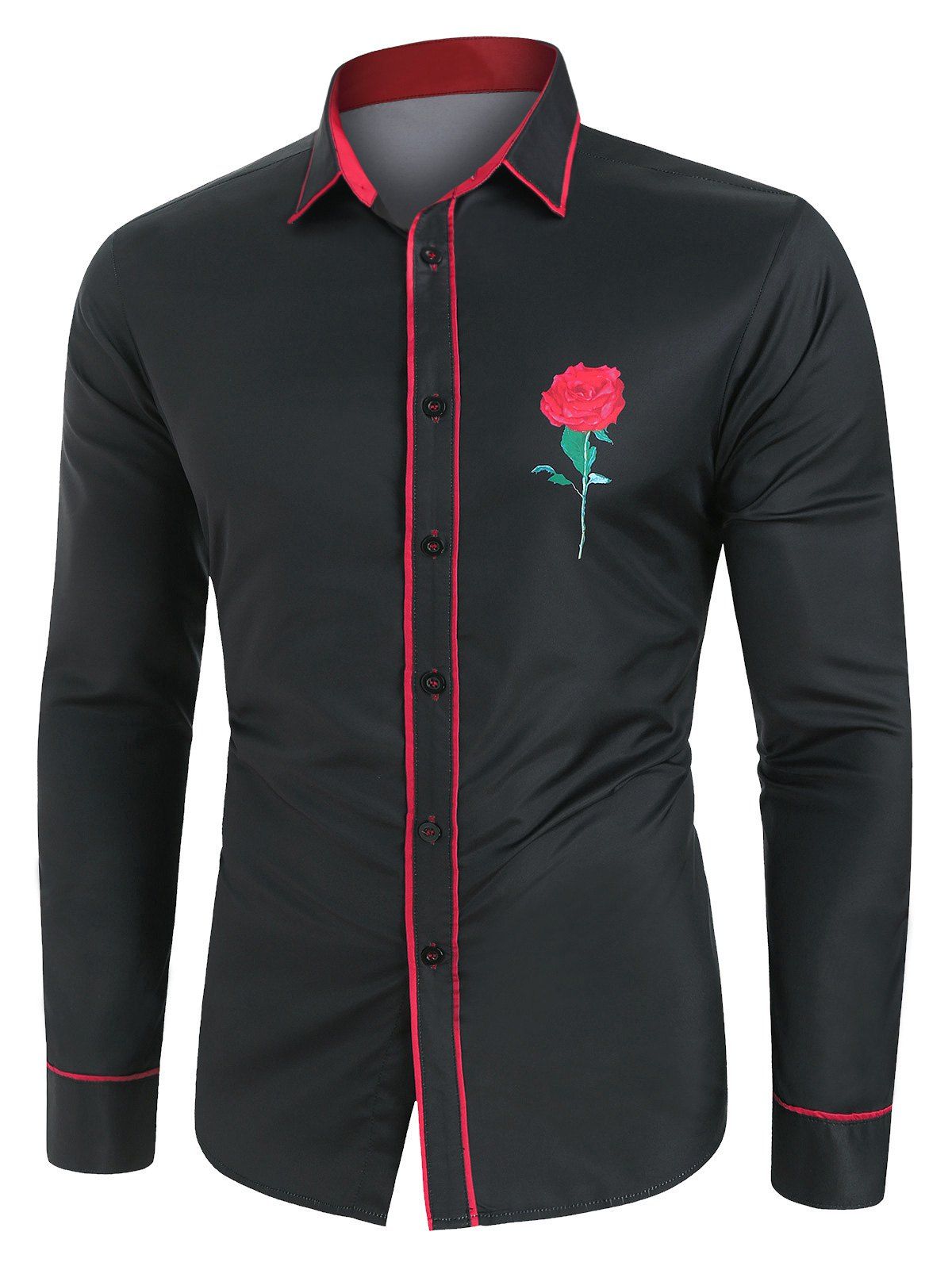 

Floral Graphic Contrast Trim Button Up Casual Shirt, Black