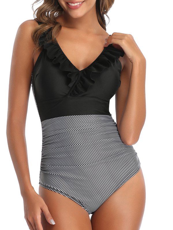 

Ruffle Striped Ruched One-piece Swimsuit, Black