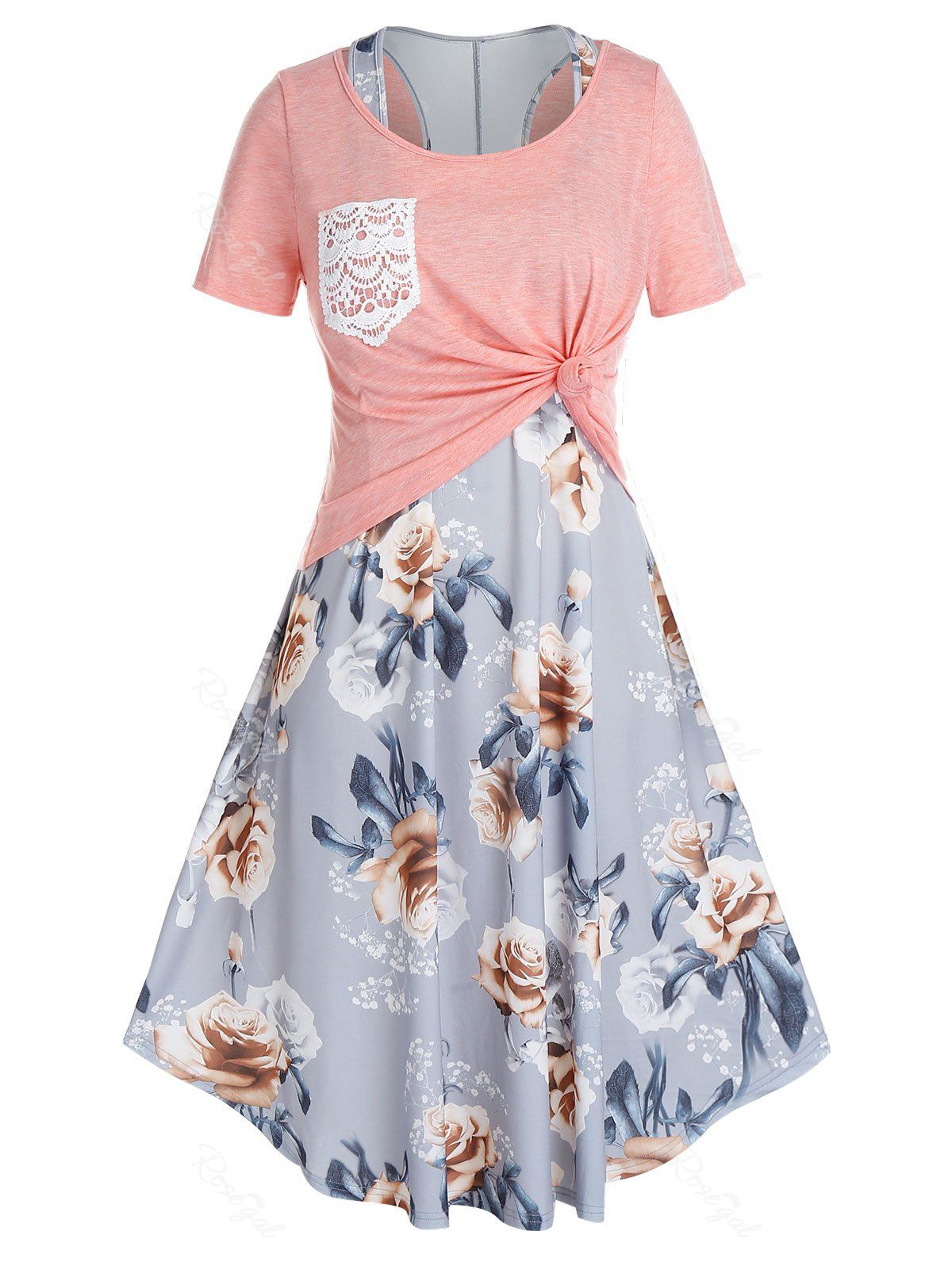 

Plus Size Floral Racerback Swing Dress With Knotted Tee Set, Pink
