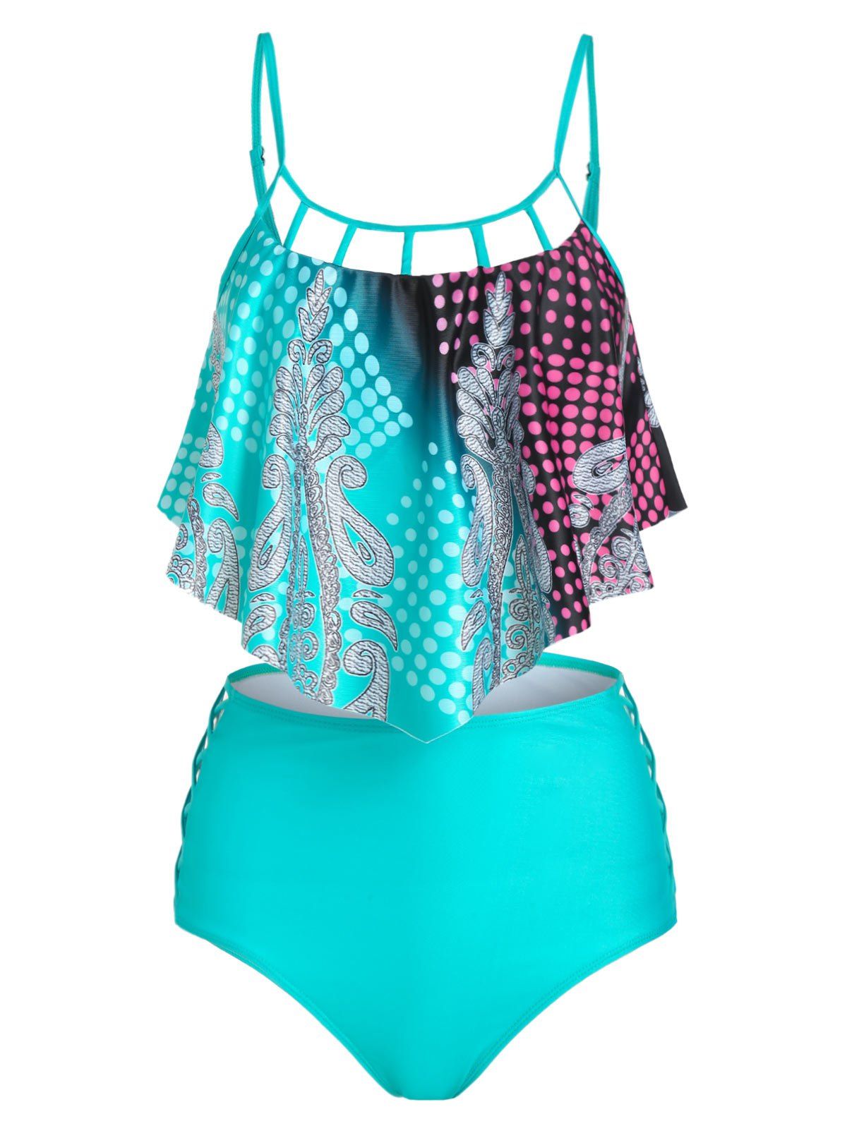 

Paisley Print Pointed Hem Criss-cross Tankini Set, Celeste