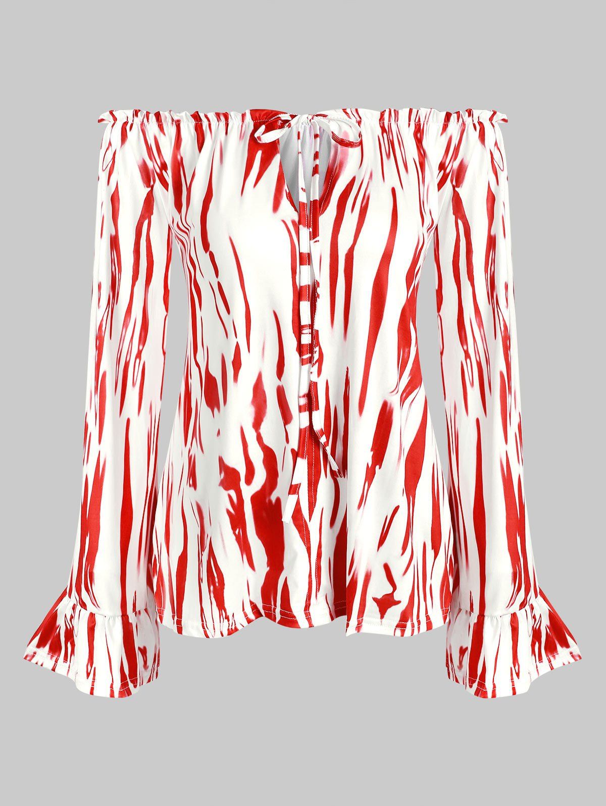 

Off Shoulder Ruffles Tie Dye Tee, Red