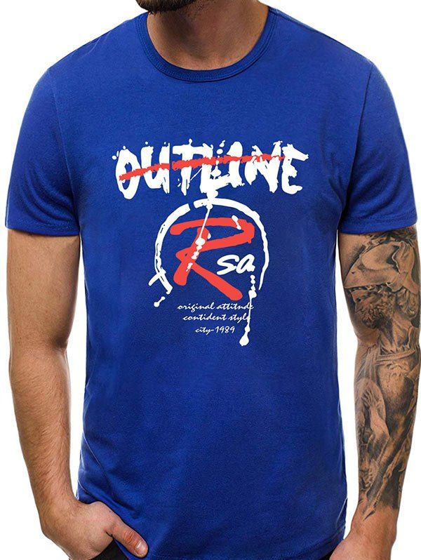 Letter Pattern Casual Round Neck T-shirt, Ocean blue