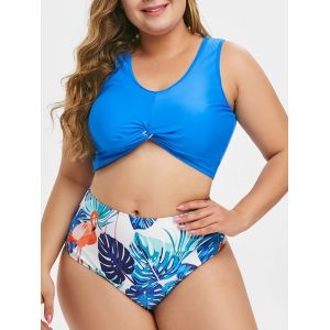 

Flamingo Leaves Print Twist Hem Plus Size Tankini Swimsuit, Blue