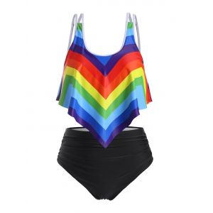 

Strappy Ruched Rainbow Stripes Flounces Plus Size Tankini Swimsuit, Multi