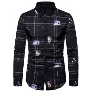 

Graphic Pattern Button Long-sleeved Shirt, Black