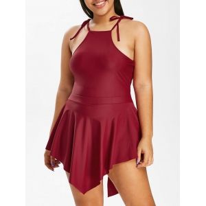 

Plus Size Lace Up Skirted One-piece Swimsuit, Red wine