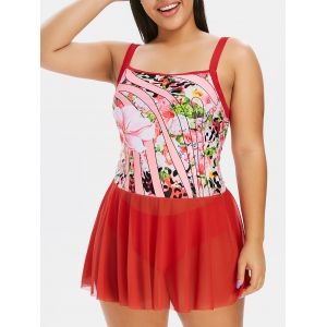 

Plus Size Mesh Flounce Floral Tankini Swimwear, Red