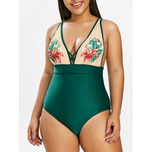 

Plus Size Plunge Floral Print One-piece Swimwear, Sea turtle green