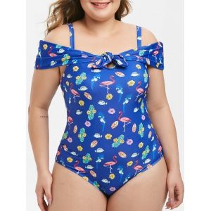 

Plus Size Knotted Cold Shoulder Printed One-piece Swimsuit, Blue