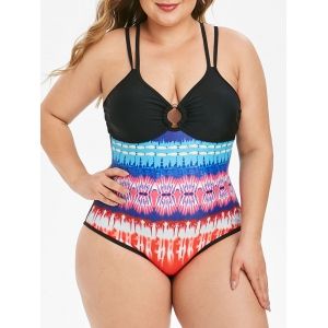 

Strappy Printed O Ring Plus Size One-piece Swimsuit, Black