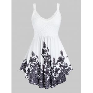 

Plus Size Flower Print Lace A Line Tank Top, White