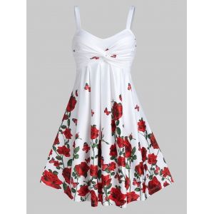 

Rose Flower Print High Waist A Line Dress, White