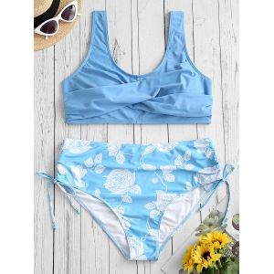 

Plus Size Flower Leaf Crossover Cinched Bikini Swimwear, Light sky blue