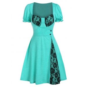 

Flower Lace Insert Mock Button Dress, Medium turquoise