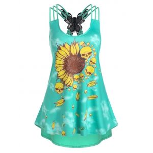 

Sunflower Skull Print Butterfly Lace Panel Strappy Tank Top, Aquamarine