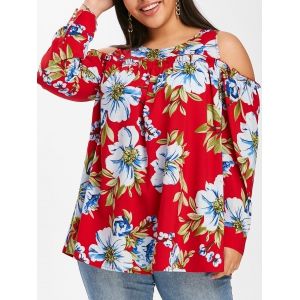 

Plus Size Cold Shoulder Floral Print Blouse, Lava red