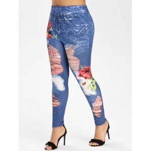 

Plus Size 3D Destroyed Print Floral Skinny Jeggings, Midnight blue