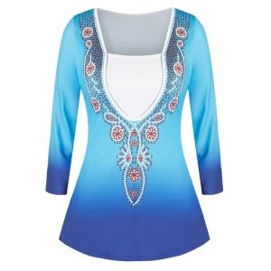 

Plus Size Flower Pattern Ombre T Shirt, Deep sky blue