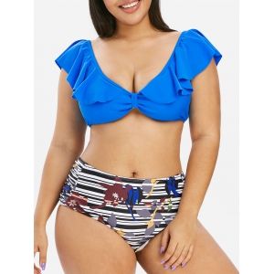 

Plus Size Ruffled Stripe Floral Bikini Swimwear, Ocean blue