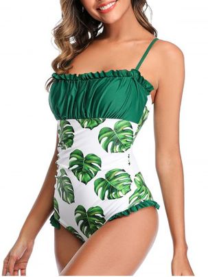 Floral Leaves Print Ruched One-piece Swimsuit