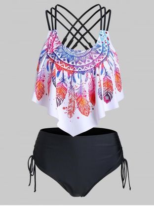 Feather Print Strappy Pointed Hem Tankini Swimwear