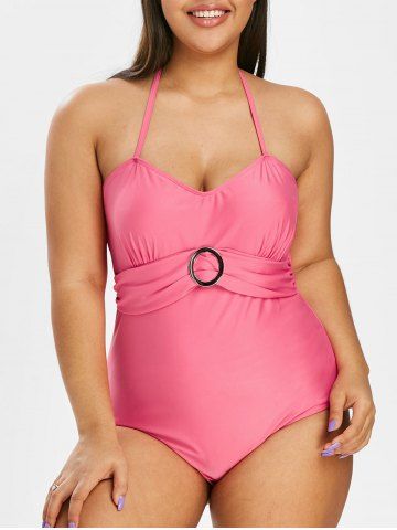 Plus Size O Ring Halter Ruched One-piece Swimwear - HOT PINK - 2X