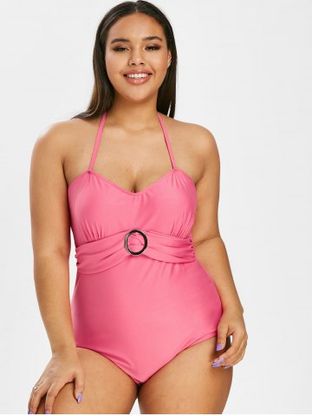 Plus Size O Ring Halter Ruched One-piece Swimwear