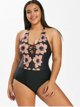 Plus Size Halter Backless Floral Print One-piece Swimwear