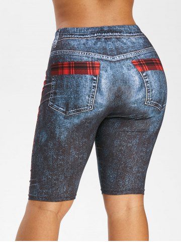 

Plus Size Plaid 3D Denim Print Knee Length Leggings, Cadetblue