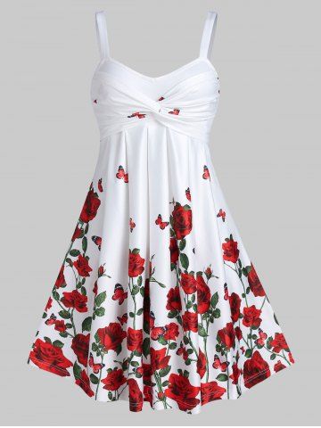 Rose Flower Print High Waist A Line Dress
