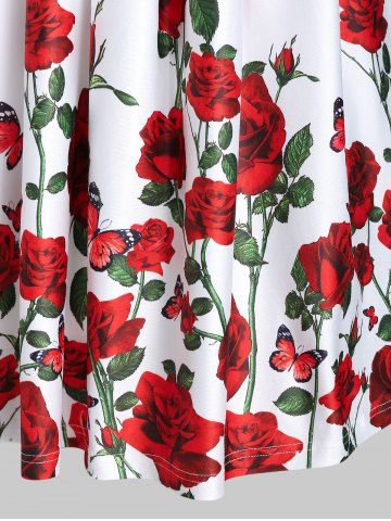 Rose Flower Print High Waist A Line Dress