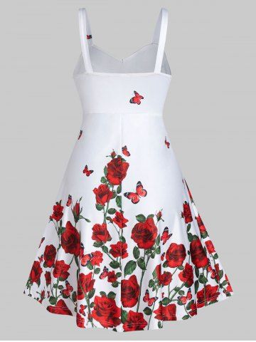 Rose Flower Print High Waist A Line Dress