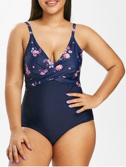Plus Size Flower Crossover Open Back One-piece Swimsuit - CADETBLUE - M
