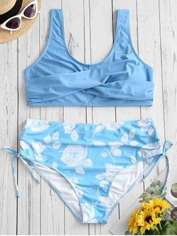 Plus Size Flower Leaf Crossover Cinched Bikini Swimsuits - LIGHT SKY BLUE - 5X