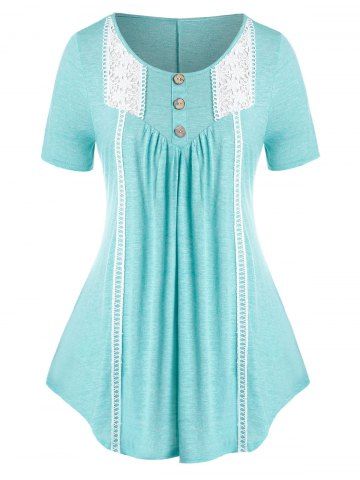 Plus Size Crochet Panel Buttoned Curved Tunic Tee - MEDIUM TURQUOISE - L