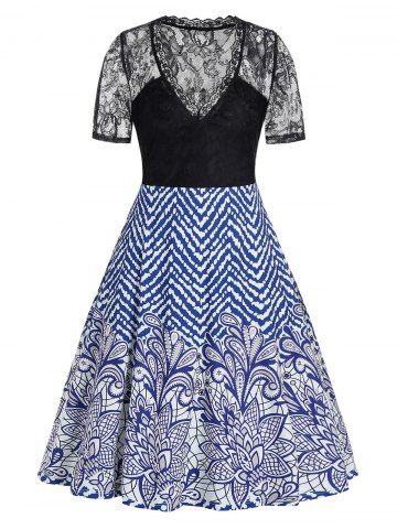 Plus Size Lace Panel Sheer Zigzag Flower Print Plunge Dress - BLACK - L