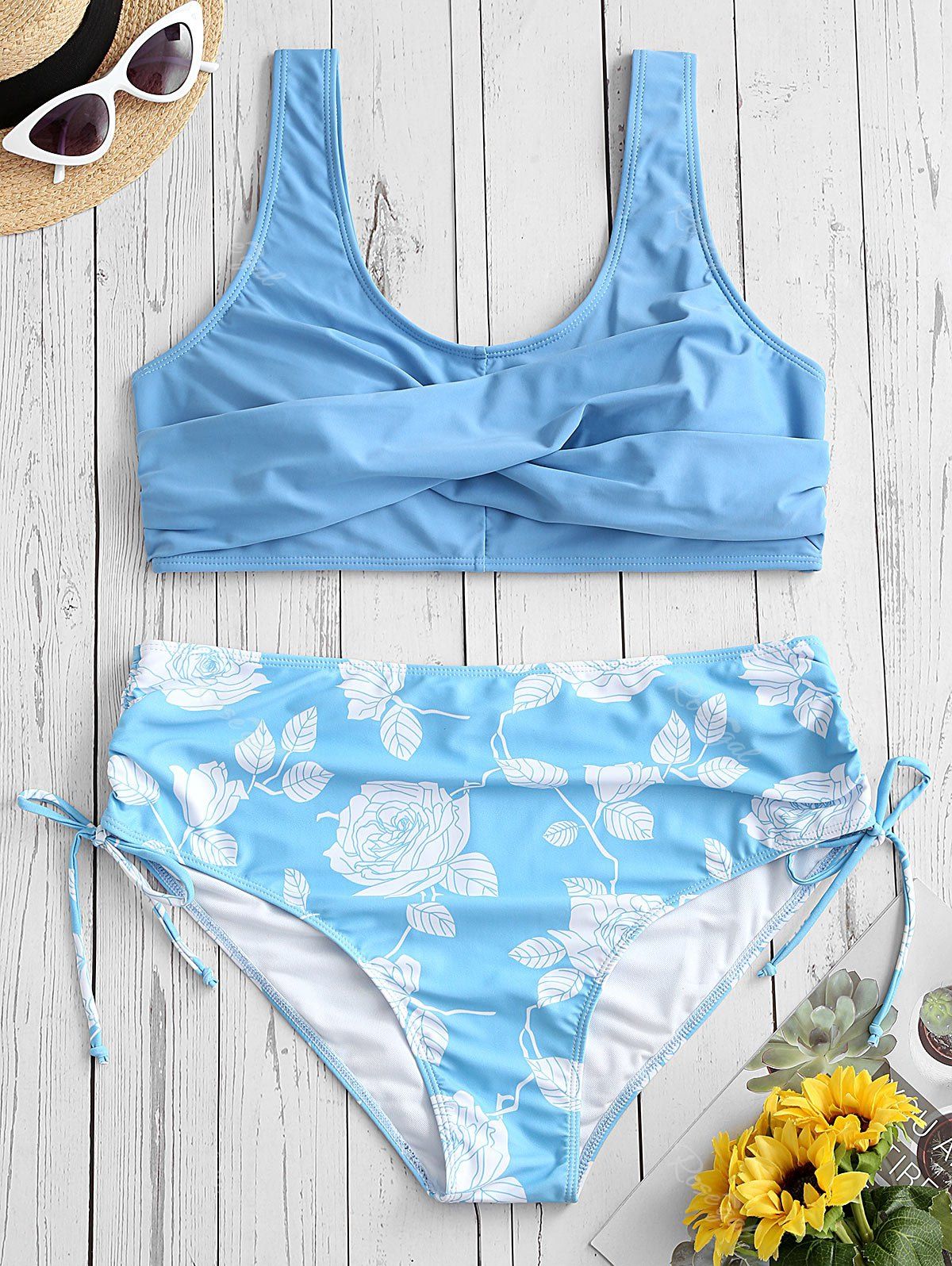 Maillot de Bain Bikini Sanglé Feuille Fleur de Grande Taille à Volants Bleu Ciel Léger  5X
