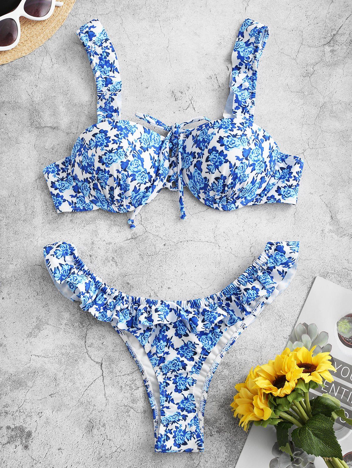 

Flower Lace Up Moulded Low Rise Bikini Swimwear, Dodger blue