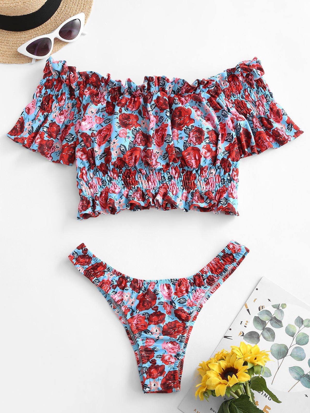 

Floral Off Shoulder Ruffle High Cut Two Pieces Swimsuit, Multi