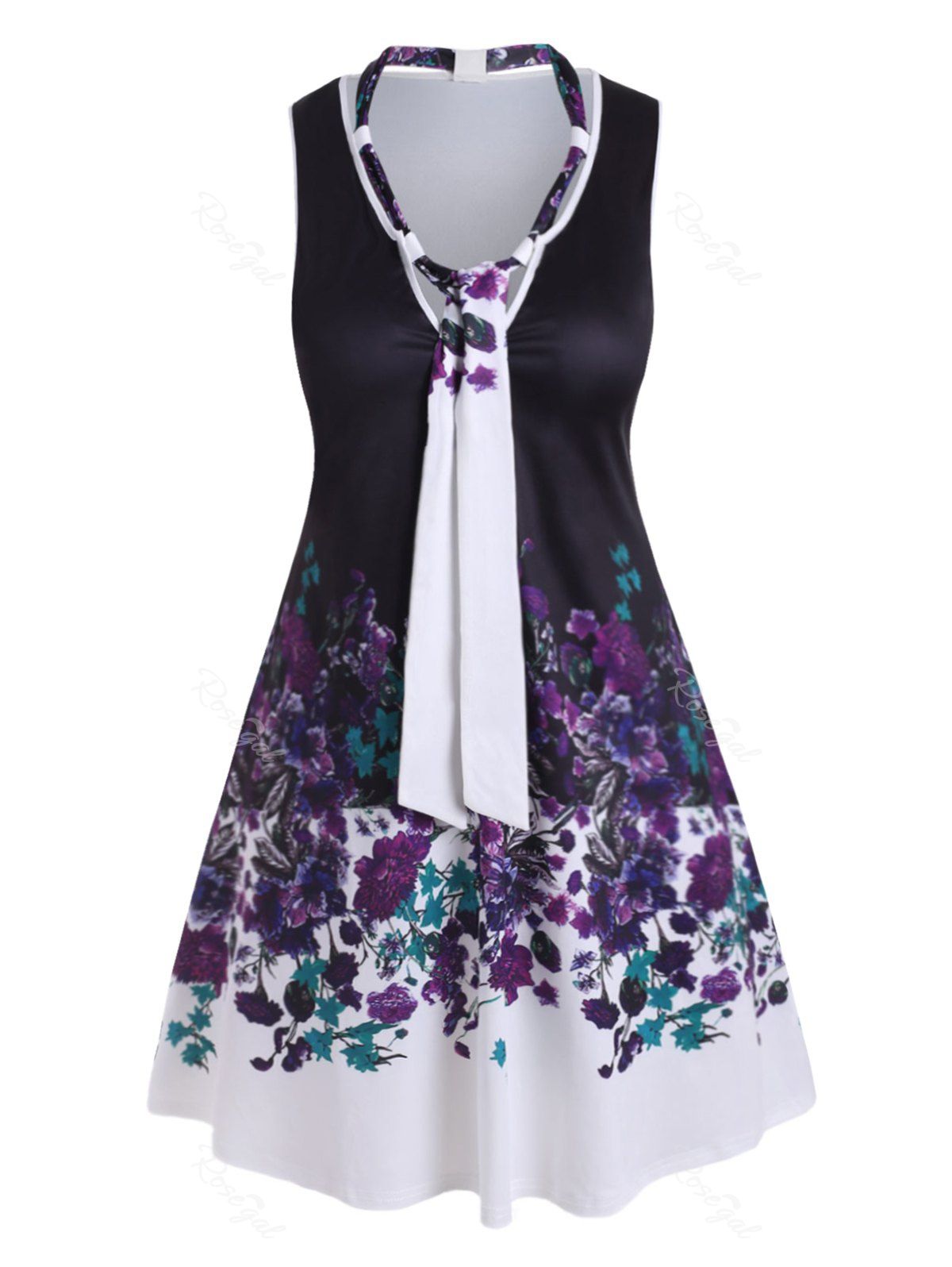 

Plus Size Bow Tie Floral Knee Length Dress, White
