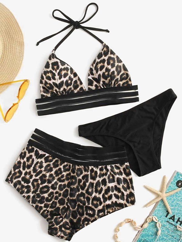 

Halter Leopard Shadow Striped Trim Three Piece Swimsuit
